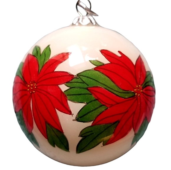 Reverse Glass Hand Painted Poinsettia Christmas Tree Ornament Red Velvet Box 3" - Picture 2 of 5